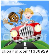 Poster, Art Print Of Happy White Boy Driving A Black Boy And Catching Air In A Convertible Car