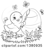Poster, Art Print Of Black And White Lineart Easter Chick Painting An Egg With Butterflies And Flowers
