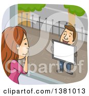 Poster, Art Print Of Cartoon Caucasian Woman Looking Out Of A Window At Her Boyfriend As He Proposes Marriage
