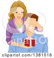 Poster, Art Print Of Cartoon Caucasian Woman Covering Her Husbands Eyes While Giving Him A Gift