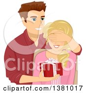Clipart Of A Cartoon Caucasian Husband Covering His Wifes Eyes While Giving Her A Gift Royalty Free Vector Illustration
