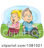 Poster, Art Print Of Cartoon Caucasian Couple Sweating Resting And Drinking Water In A Park After A Work Out