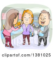 Cartoon Caucasian Woman Selling Anti Acne Products To A Couple