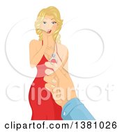 Clipart Of A Mans Hand Holding Out An Engagement Ring To A Surprised Blond Caucasian Woman Royalty Free Vector Illustration