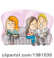 Cartoon Lonely Caucasian Woman Sitting On The Opposite End Of A Couch From A Couple