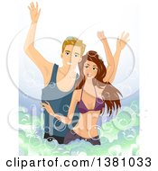 Poster, Art Print Of Young Caucasian Couple Dancing And Having Fun At A Bubble Party