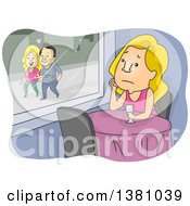 Clipart Of A Cartoon Sad Blond Caucasian Woman Being Stood Up On A Date Watching A Couple Outside Of A Restaurant Royalty Free Vector Illustration