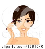 Clipart Of A Brunette Caucasian Woman Applying Brow Or Eyeliner Royalty Free Vector Illustration