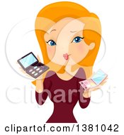 Red Haired Caucasian Woman Holding Makeup Palettes
