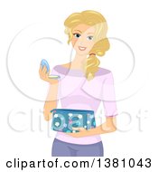 Blond Caucasian Woman Holding A Makeup Bag