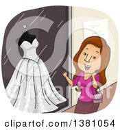 Poster, Art Print Of Cartoon Happy Brunette White Woman Window Shopping For A Wedding Dress
