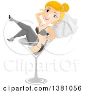 Cartoon Blond Caucasian Bride Wearing Undergarments And A Veil Kicking Back In A Giant Wine Glass