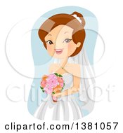 Poster, Art Print Of Happy Brunette Caucasian Bride Holding Flowers