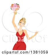 Clipart Of A Happy Dirty Blond Caucasian Bridesmaid In A Red Dress Catching The Bridal Bouquet Royalty Free Vector Illustration