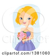 Happy Blond Caucasian Bridesmaid Holding Flowers