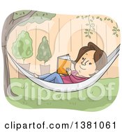Clipart Of A Cartoon Brunette White Woman Reading A Book In A Hammock In A Yard Royalty Free Vector Illustration