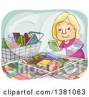 Cartoon Happy Blond White Woman Picking Through Books For Sale