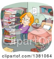 Poster, Art Print Of Cartoon Red Haired White Woman Going Through Her Library In Her Bedroom
