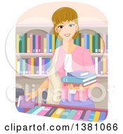 Poster, Art Print Of Happy Dirty Blond White Woman Selecting Books At A Store Or Library
