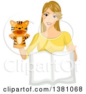 Poster, Art Print Of Dirty Blond White Woman Using A Tiger Puppet And Reading A Story Book