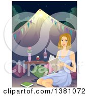 Happy Blond White Woman Reading A Book While Glamping