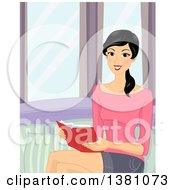 Clipart Of A Happy Woman Reading A Book By A Window Royalty Free Vector Illustration