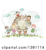 Clipart Of A Sketched Steampunk Robot And Stick Children Outdoors Royalty Free Vector Illustration