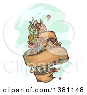 Floating Steampunk Island With A Ribbon Banner And Hot Air Balloon