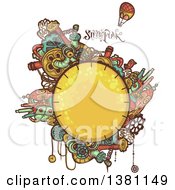 Poster, Art Print Of Round Steampunk Planet With Cities Text And A Hot Air Balloon