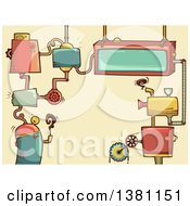 Clipart Of A Network Of Steampunk Frames And A Camera Over Tan Royalty Free Vector Illustration