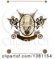 Clipart Of A Bearded Steampunk Man In An Oval Frame With Gears And A Banner Royalty Free Vector Illustration
