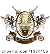 Poster, Art Print Of Bearded Steampunk Man In An Oval Ray Frame With Gears And A Banner