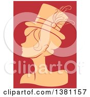 Clipart Of A Tan Silhouetted Burlesque Woman Wearing A Hat Over Red Royalty Free Vector Illustration