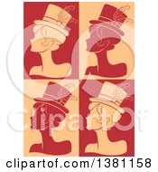Poster, Art Print Of Silhouetted Burlesque Women Wearing Hats Over Tan And Red