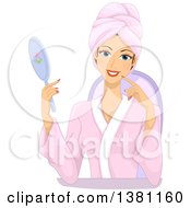 Poster, Art Print Of Happy Caucasian Woman Holding A Mirror And Wearing A Spa Robe