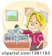 Clipart Of A Cartoon Blond Caucasian Woman Spraying Room Air Freshener Royalty Free Vector Illustration by BNP Design Studio