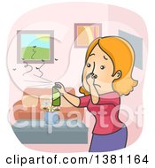 Cartoon Red Haired Caucasian Woman Plugging Her Nose And Spraying Insecticide To Kill Bugs In Her Home