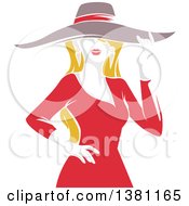 Clipart Of A Stencil Styled Blond Fashionable Woman In A Red Dress Tipping Her Big Hat Royalty Free Vector Illustration