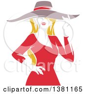 Stencil Styled Blond Fashionable Woman In A Red Dress Tipping Her Big Hat