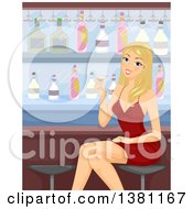 Clipart Of A Happy Blond Caucasian Woman Holding A Cocktail At A Bar Royalty Free Vector Illustration