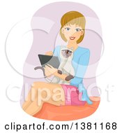 Happy Dirty Blond Caucasian Woman Using A Tablet With Her Cat In Her Lap