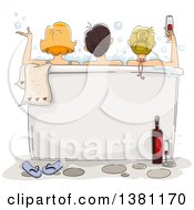 Sketched Rear View Of Three Ladies Enjoying A Bath With Wine At A Spa Text Space On The Tub