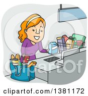 Poster, Art Print Of Cartoon Red Haired White Woman Using A Self Checkout At A Grocery Store