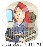 Poster, Art Print Of Cartoon Red Haired White Woman Using A Laptop On A Plane
