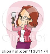 Poster, Art Print Of Cartoon Brunette Bespectacled White Woman Inspecting A Glass Of Wine