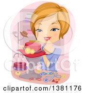Poster, Art Print Of Happy Blond Caucasian Woman Decorating A Hat On A Mannequin