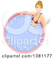 Happy Blond White Woman Holding A Cocktail And Soaking In A Hot Tub