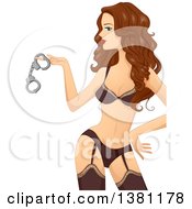 Clipart Of A Sexy Brunette White Woman In Lingerie Holding Handcuffs Royalty Free Vector Illustration by BNP Design Studio