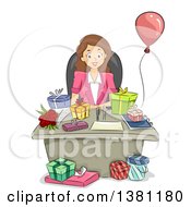 Poster, Art Print Of Cartoon Happy Brunette Caucasian Business Woman With Birthday Gifts On Her Desk