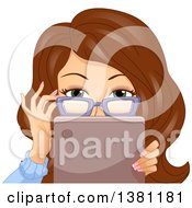 Poster, Art Print Of Brunette Caucasian Woman Adjusting Her Glasses And Looking Over A Tablet